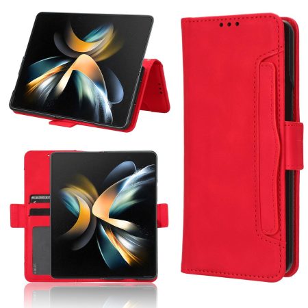 Samsung Galaxy z Fold 4 5g Leather Phone Case with Card Slots and Calf Texture - Red