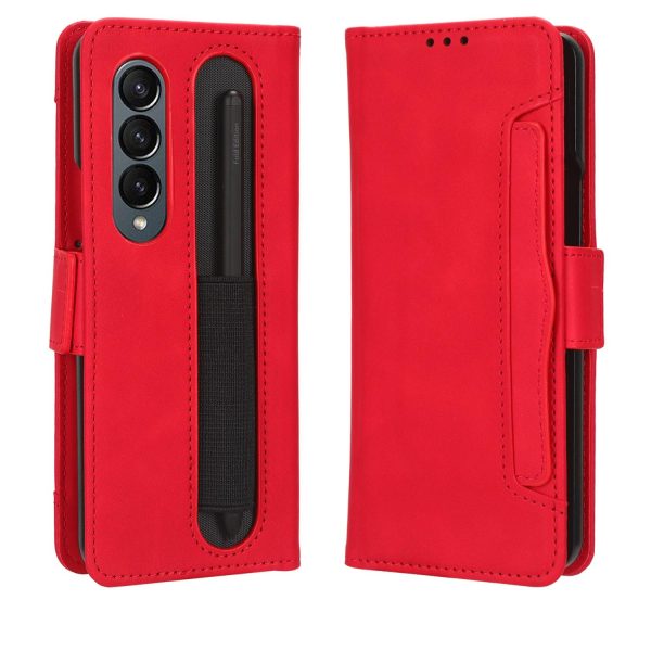 Samsung Galaxy z Fold 4 5g Leather Phone Case with Card Slots and Calf Texture - Red - Image 8