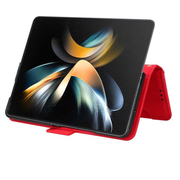 Samsung Galaxy z Fold 4 5g Leather Phone Case with Card Slots and Calf Texture - Red - Image 10
