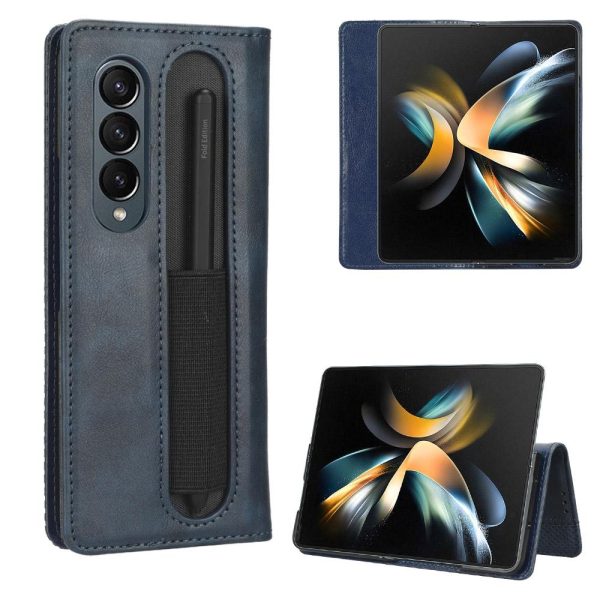 Vintage Leather Phone Case for Samsung Galaxy z Fold 4 5g with Magnetic Buckle - Blue