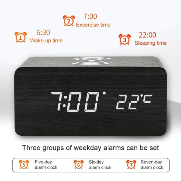 5W Wooden Wireless Charger With Led Mirror Display And Sub Alarm Clock - Black Wood - Image 5