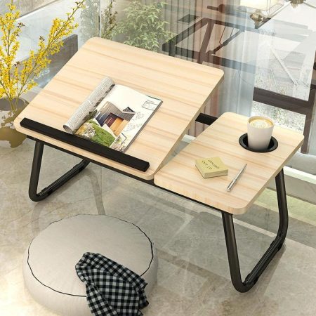 Adjustable Folding Laptop Desk with Cup Holder - Four-speed Lifting Table for Dorms - White Maple