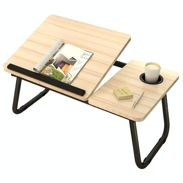 Adjustable Folding Laptop Desk with Cup Holder - Four-speed Lifting Table for Dorms - White Maple - Image 4