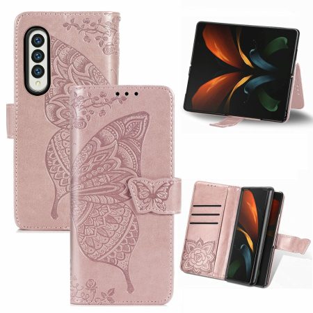 Embossed Butterfly Love Leather Case for Samsung Galaxy z Fold 4 - Flower Design - Rose Gold