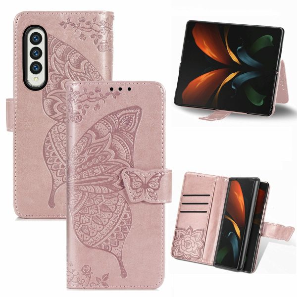 Embossed Butterfly Love Leather Case for Samsung Galaxy z Fold 4 - Flower Design - Rose Gold