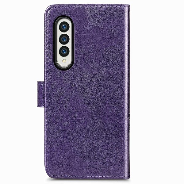 Embossed Leather Phone Case for Samsung Galaxy z Fold 4 with Four Leaf Clasp - Gray - Image 4