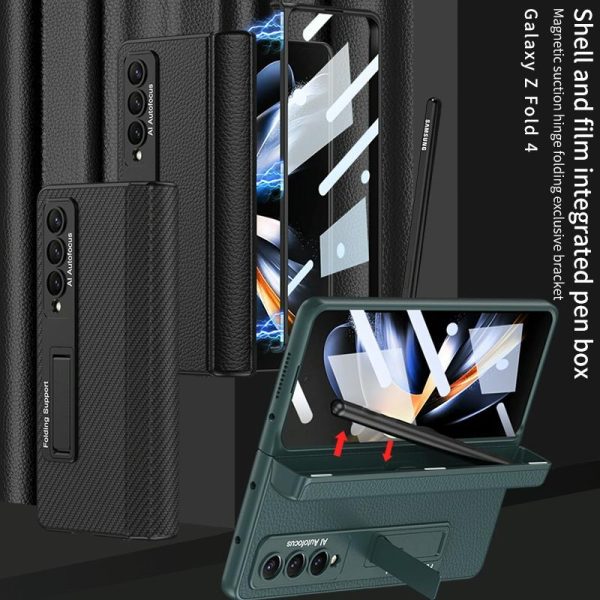 Leather Phone Case with Foldable Hinge and Holder - Carbon Fibre Black - Image 3