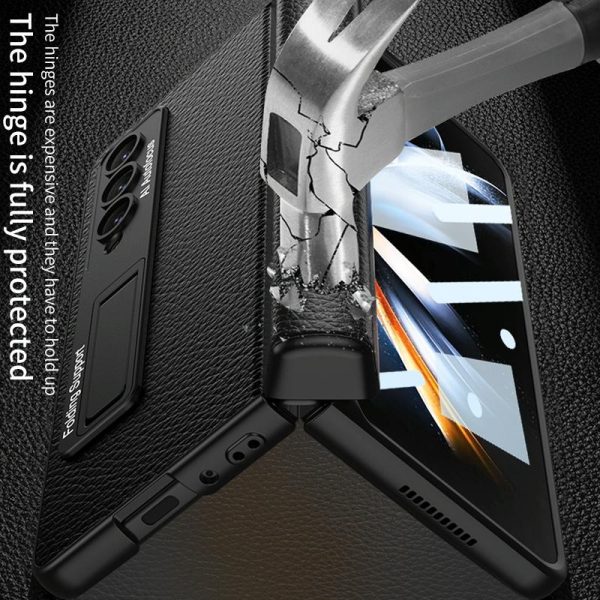 Leather Phone Case with Foldable Hinge and Holder - Carbon Fibre Black - Image 5