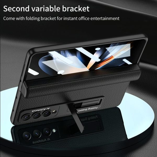 Leather Phone Case with Foldable Hinge and Holder - Carbon Fibre Black - Image 7