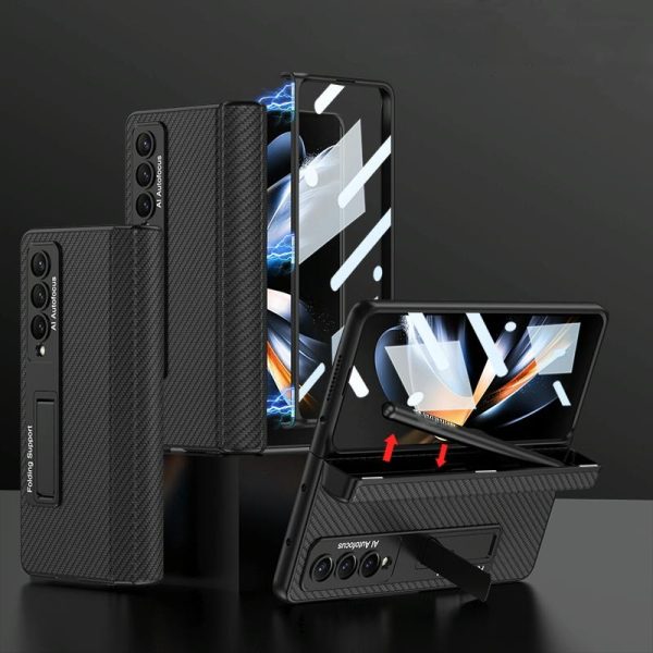Leather Phone Case with Foldable Hinge and Holder - Carbon Fibre Black - Image 8