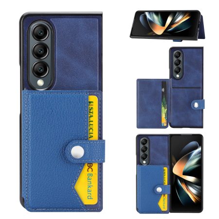For Samsung Galaxy z Fold4 5G Litchi Pattern Single Button Card Holder Phone Case - Blue