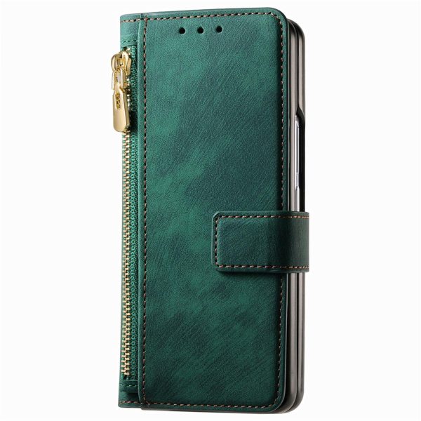 Vintage Magnetic Wallet Case for Samsung Galaxy z Fold 4 - Zipper Closure - Blue - Image 3
