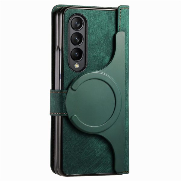 Vintage Magnetic Wallet Case for Samsung Galaxy z Fold 4 - Zipper Closure - Blue - Image 4