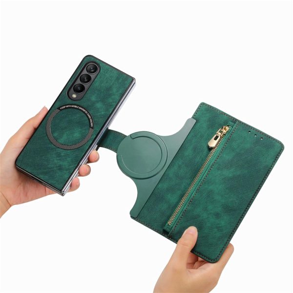 Vintage Magnetic Wallet Case for Samsung Galaxy z Fold 4 - Zipper Closure - Blue - Image 8