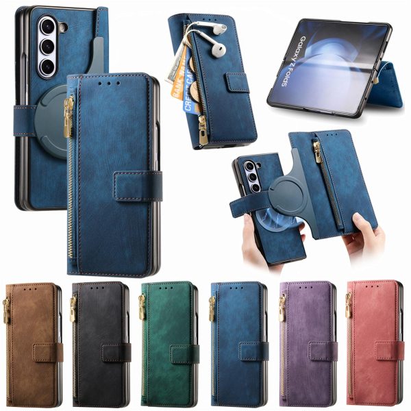 Vintage Magnetic Wallet Case for Samsung Galaxy z Fold 4 - Zipper Closure - Blue - Image 9