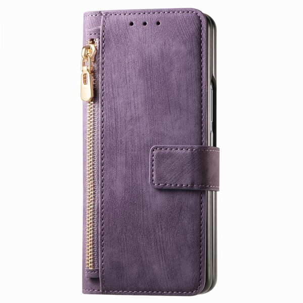 Vintage Magnetic Wallet Case for Samsung Galaxy z Fold 4 - Zipper Closure - Blue - Image 11