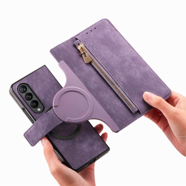 Vintage Magnetic Wallet Case for Samsung Galaxy z Fold 4 - Zipper Closure - Blue - Image 15