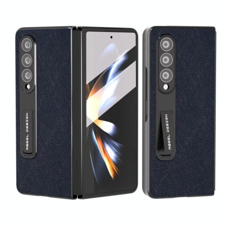 Cross Texture Leather Phone Case with Holder for Samsung Galaxy z Fold 4 5g - Blue