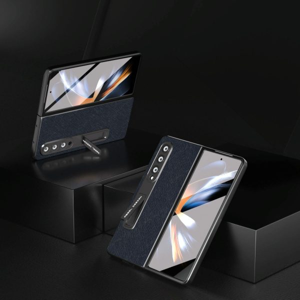 Cross Texture Leather Phone Case with Holder for Samsung Galaxy z Fold 4 5g - Blue - Image 4