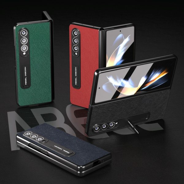 Cross Texture Leather Phone Case with Holder for Samsung Galaxy z Fold 4 5g - Blue - Image 6