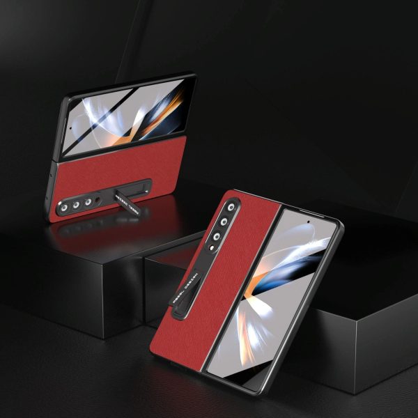 Cross Texture Leather Phone Case with Holder for Samsung Galaxy z Fold 4 5g - Blue - Image 9