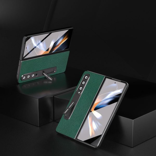 Cross Texture Leather Phone Case with Holder for Samsung Galaxy z Fold 4 5g - Blue - Image 14