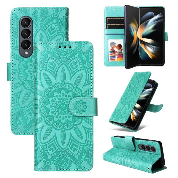 Sunflower Embossed Leather Phone Case for Samsung Galaxy z Fold 4 / 5g - Green - Image 2