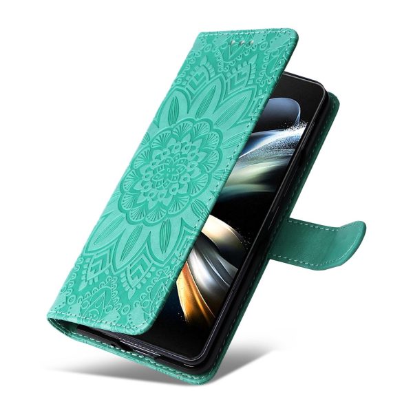 Sunflower Embossed Leather Phone Case for Samsung Galaxy z Fold 4 / 5g - Green - Image 7