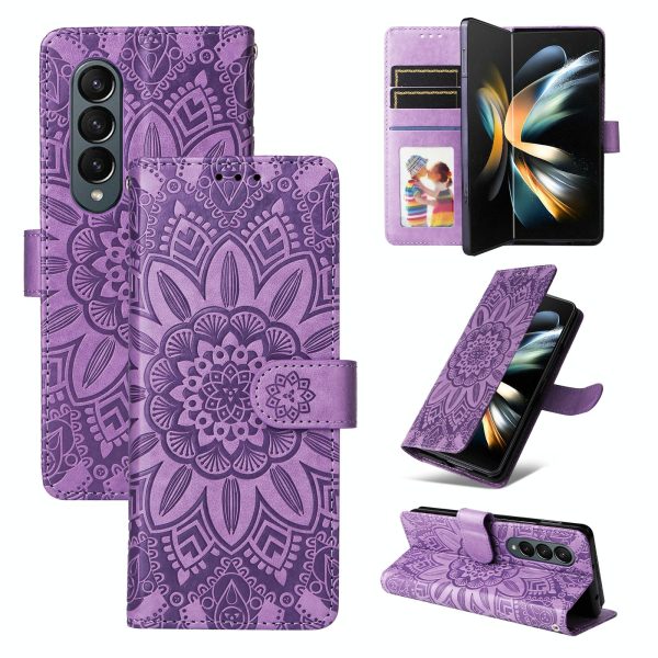 Sunflower Embossed Leather Phone Case for Samsung Galaxy z Fold 4 / 5g - Green - Image 8