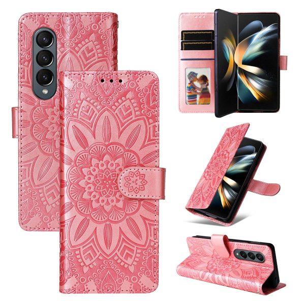 Sunflower Embossed Leather Phone Case for Samsung Galaxy z Fold 4 / 5g - Green - Image 14