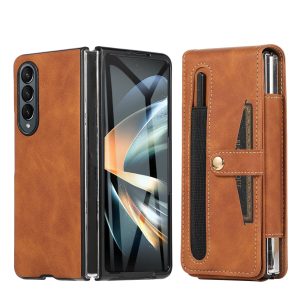 Shockproof Foldable Leather Case with Stylus for Samsung Galaxy z Fold 4 / 5g - Brown - Image 1