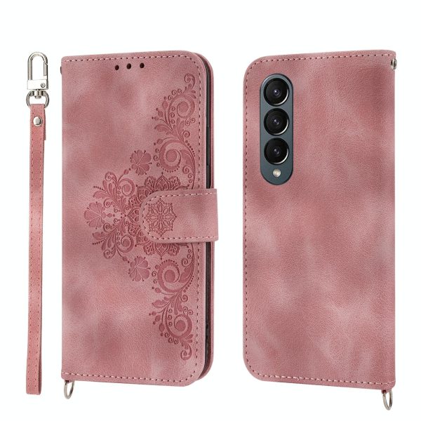 Floral Leather Phone Wallet for Samsung Galaxy z Fold 4 - Embossed - Wine Red - Image 3
