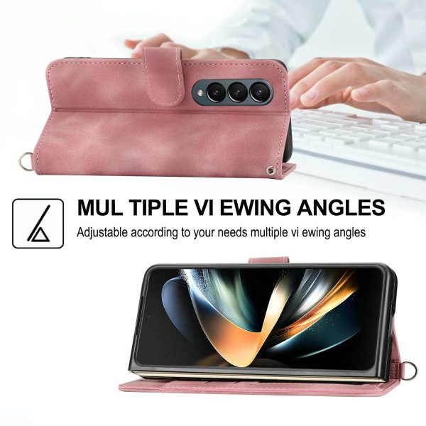 Floral Leather Phone Wallet for Samsung Galaxy z Fold 4 - Embossed - Wine Red - Image 5