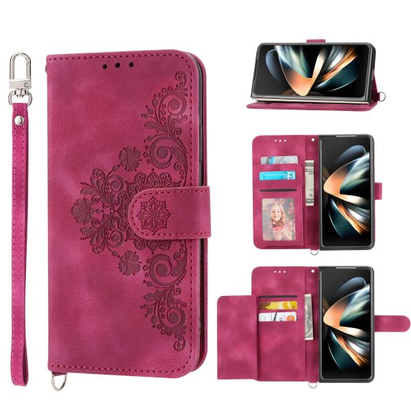 Floral Leather Phone Wallet for Samsung Galaxy z Fold 4 - Embossed - Wine Red - Image 8