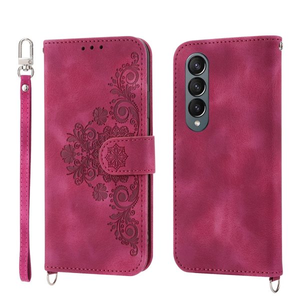 Floral Leather Phone Wallet for Samsung Galaxy z Fold 4 - Embossed - Wine Red - Image 9