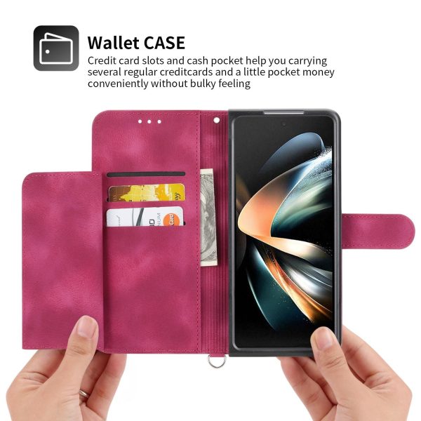 Floral Leather Phone Wallet for Samsung Galaxy z Fold 4 - Embossed - Wine Red - Image 10