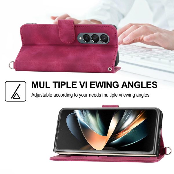 Floral Leather Phone Wallet for Samsung Galaxy z Fold 4 - Embossed - Wine Red - Image 11