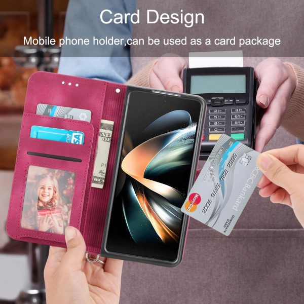Floral Leather Phone Wallet for Samsung Galaxy z Fold 4 - Embossed - Wine Red - Image 13