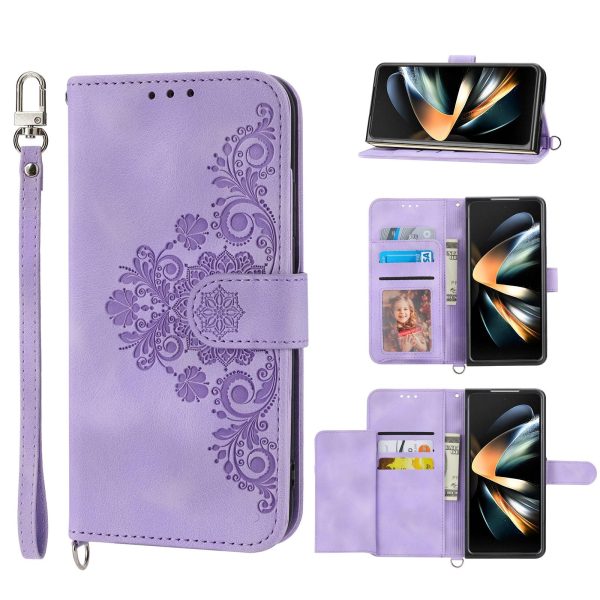 Floral Leather Phone Wallet for Samsung Galaxy z Fold 4 - Embossed - Wine Red - Image 14