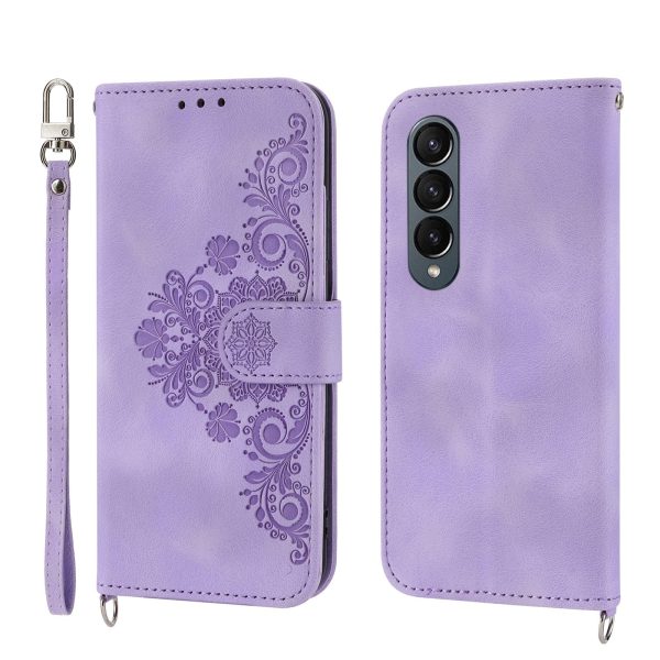 Floral Leather Phone Wallet for Samsung Galaxy z Fold 4 - Embossed - Wine Red - Image 15