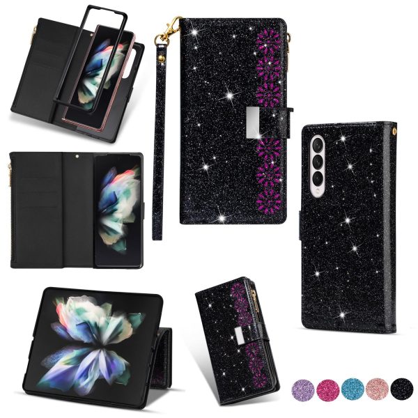 Sparkling Leather Zip Case for Samsung Galaxy z Fold 4 - Zipper Closure - Black