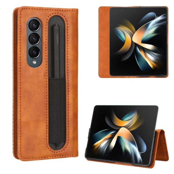 Vintage Leather Phone Case for Samsung Galaxy z Fold 4 5g with Magnetic Buckle - Brown - Image 10