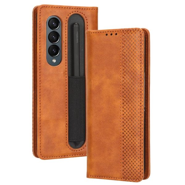 Vintage Leather Phone Case for Samsung Galaxy z Fold 4 5g with Magnetic Buckle - Brown - Image 11