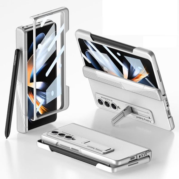 Foldable Phone Case with Magnetic Closure and Pen Slot for Samsung Galaxy z Fold 4 - Compact and Convenient - Silver