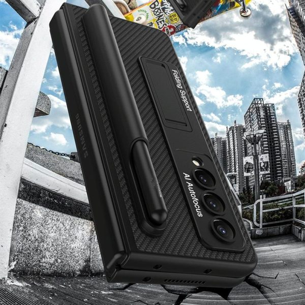Leather Case with Holder & Pen Slots for Samsung Galaxy z Fold 4 - Thin & Shockproof - Carbon Fiber Texture - Image 7