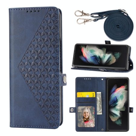 Leather Grid Texture Phone Case with Lanyard for Samsung Galaxy z Fold 4 - Blue