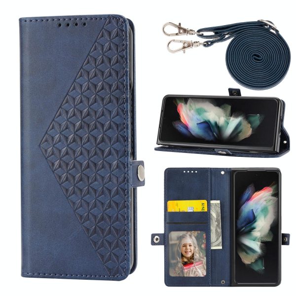 Leather Grid Texture Phone Case with Lanyard for Samsung Galaxy z Fold 4 - Blue
