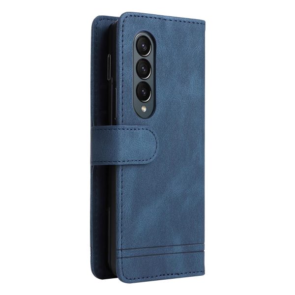 Metal Button Leather Case for Samsung Galaxy z Fold 4 / 5g - Tree Design - Blue - Image 3