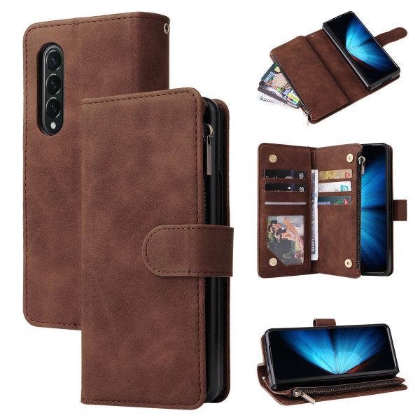 Frosted Leather Zip Wallet for Samsung Galaxy z Fold 4 - Compact and Stylish - Coffee - Image 2