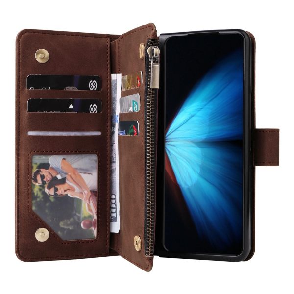 Frosted Leather Zip Wallet for Samsung Galaxy z Fold 4 - Compact and Stylish - Coffee - Image 5